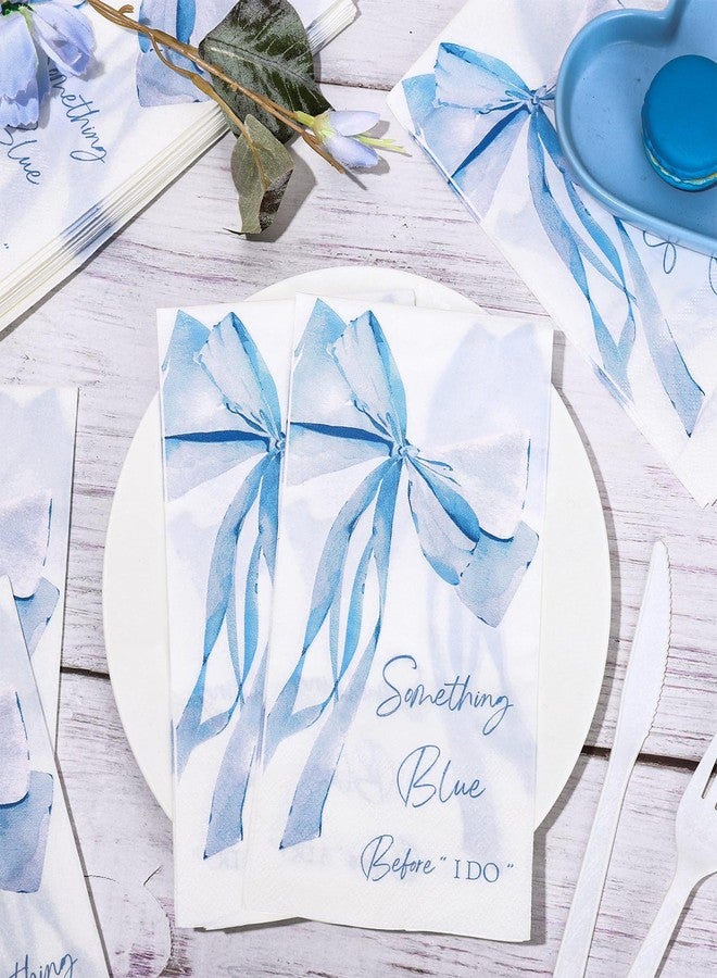 JarThenaAMCS مناديل ضيوف JarThenaAMCS زرقاء اللون، 50 قطعة، مزينة بفيونكة، للاستخدام مرة واحدة، مثالية لعشاء "شيء أزرق قبل الزواج"، مناديل ورقية يدوية للحمام، وحفلات توديع العزوبية، ولوازم المائدة. - Image 4